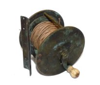 REEL: Early all brass wide drum crank wind salmon winch, 3.25" diameter, 2.25" wide, curved