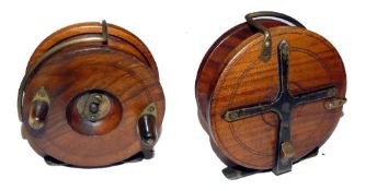 REEL: Hardy Nottingham 4" mahogany and brass star back reel in fine condition, twin horn handles,