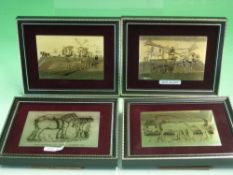 A Set of Four Silver Plaques Each engraved and enamelled with shire horses. Framed, the plaques