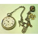 A Silver Watch and Chain The chain hung with a large silver orb charm the cross set on either side