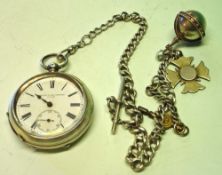 A Silver Watch and Chain The chain hung with a large silver orb charm the cross set on either side