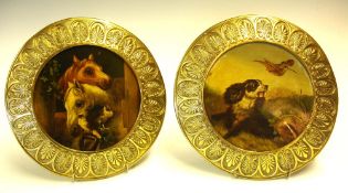 Nineteenth Century School A pair of oils on tin. Horses and birds at a stable door in the manner