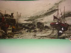 Bill Hawkes, British 20th Century A beach scene with fishing boats and harbour lighthouse. Signed.