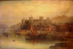 Samuel Lawson Booth RCA 1836-1928 Conway Castle and the estuary harbour with boats and figures.
