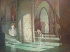 Ferdinand Fissi 1872-1954 A castle interior with a young girl descending a sweeping stone