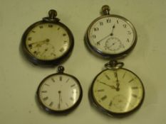 Four Pocket Watches Two with silver cases and two plated. Condition report: Generally poor, non-