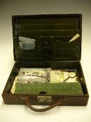 A Leather Writing Case With contents including postcards, Stevengraph bookmark, propelling pencil