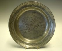 A Pewter Deep Dish Continental, probably Dutch. With cast rim, the well decorated in wrigglework