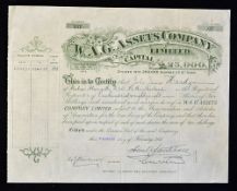 Australia Share Certificate W.A.G. assets Company Ltd 1911 (Mines in Western Australia). Certificate