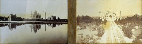 India Taj Mahal Photographs 1870s in oak frames depicting four views, overall size 57 x 27.5cm.