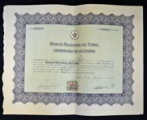 Cuba Stock Certificate Bank of Cuba 1956-58 'Banco Nacional De Cuba Certificado de acciones', from 6