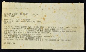 WWII Original End of the War Telegram stating 'CBG1. The German war is now over. At Rheims last