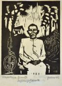India rare and early expressionist woodcut of Gandhi 1925 signed and dated by artist. Early woodcuts