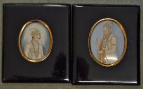 India Pair of Fine Mughal or Persian Portraits  c19th century overall 15 x18cm, framed in good