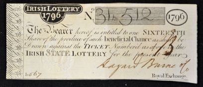 Monetary Rare Irish State Lottery Ticket 1796 a Sixteenth part of the chance issued by Lottery Agent