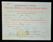 Great Britain Share Certificate Birkenhead United Tramways, Omnibus and Carriage Company Ltd 1891