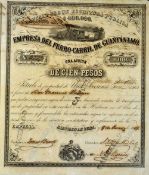 Cuba Railroad Bond Certificates Empresa Del Ferro-Carril De Guantanamo 1859 $100 certificates,