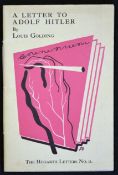Judaica 'A letter to Hitler' book by Louis Golding 1932 published by the Hogart Press. 8vo 28pp plus