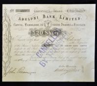 Great Britain Share Certificate Adelphi Bank Limited 1863 Liverpool certificate for One £20 share