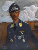 WWII Related original artwork portrait of a German aviator possibly an Austrian air ace showing