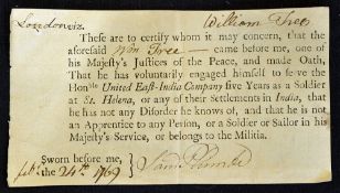 1769 East India Company Certificate sworn by a William Tree "That he has voluntarily engaged himself