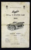 Automotive Humber 191 Brochure depicting 14 hp 5 seated Car a 4-page brochure illustrating and