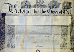 Impressive Victorian Two Page Letters Patent 1869 with fine vignettes of Seated Britannia with Ship.