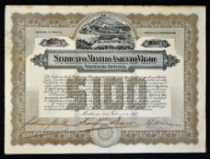 Cuba Share Certificates Sindicato Minero Asiento Viejo Mining Company 1917 $100 dated 15th February,