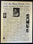 India Gandhi Shot 1948 Newspaper The Miami Herald dated Jan 31 'Gandhi Assassinated by Hindu gunman'