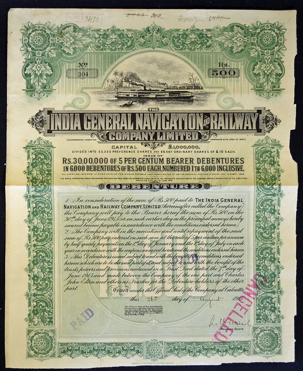 India Share Certificate The India General Navigation and Railway Company Ltd 1915 bearer 500