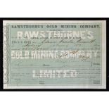 Australia Share Certificate Rawsthornes Gold Mining Company Limited 1872 (Hawkins Hill,