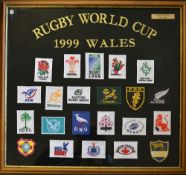 1999 Official Rugby World Cup embroidered team badge display - the display is embroidered "Rugby