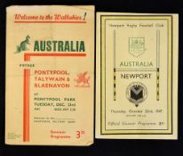 2x 1947 Australia Rugby Tour to UK v Welsh team programmes - to incl v Newport played on Oct 23rd (