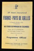Scarce 1953 France v Wales signed rugby programme - played at The Olympic Stadium Colombes on