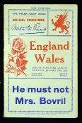 1934 Wales v England (Grand Slam Champions) rugby programme - the opening game of the season