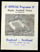 1932 England v Scotland rugby programme - played on March 19 with England winning 16-3 - usual