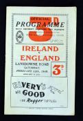 1949 Ireland (Champions) v England (Runners Up) rugby programme - played on February 12th at