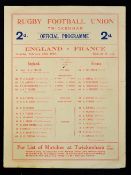 1928 England (6th Grand Slam) v France rugby programme - played on February 25 - single sheet