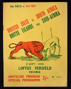 Scarce 1955 British Lions v South Africa rugby programme - for the third test match played at Loftus