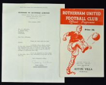 1961 Football League Cup Final football programme Rotherham Utd v Aston Villa 1st Leg plus Granada