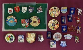 Five and Six Nation Rugby Related Pin Badge selection in various shapes, with Player figures,