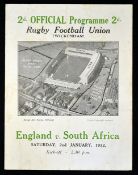 Scarce 1932 England v South Africa rugby programme - played on Sat 2nd January with South Africa