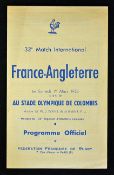 1958 France v England (Champions) rugby programme - played in Stade Colombes Paris - single folded