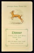Rare 1912 Glamorgan v South Africa rugby dinner menu held at The Queens Hotel Cardiff on Thursday
