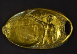 Rare 1924 Paris Olympics brass embossed oval cash dish depicting the Olympic Stadium with rugby