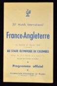 1960 France (Champions) v England (Triple Crown winners) programme - played at the Olympic Stadium