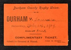 Scarce 1909 Durham County vs Lancashire rugby union match ticket - played on Sat 6th February - ex
