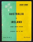 Scarce 1967 Australia v Ireland international rugby programme - played at the Sydney Cricket