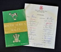 1964 South Africa v Wales rugby programme and official signed Welsh rugby touring team sheet (2) -