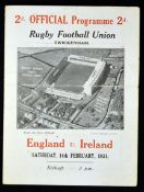 1931 England v Ireland rugby programme - played on Saturday 14th February with Ireland going on to